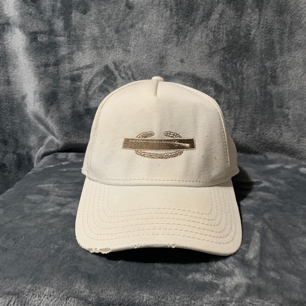 Otto Hat Mens OSFM Comfy Fit Cream Distressed Combat Infantryman Badge Cap GOOD